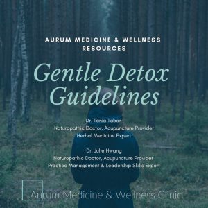 Photo of a woman in the forest of trees. Title "Gentle Detox Guidelines, Dr. Tania Tabar and Dr. Julie Hwang"