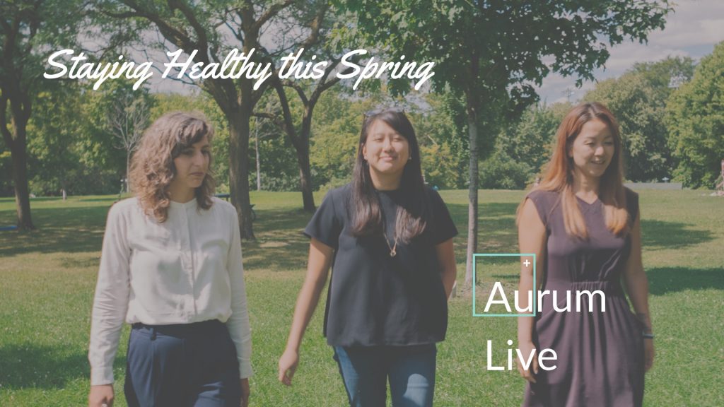 Photo of Dr. Tania Tabar, Dr. Julie Hwang and Dr. Vivian Kwan walking in the park. "Staying Healthy this Spring" an Aurum Live Event.